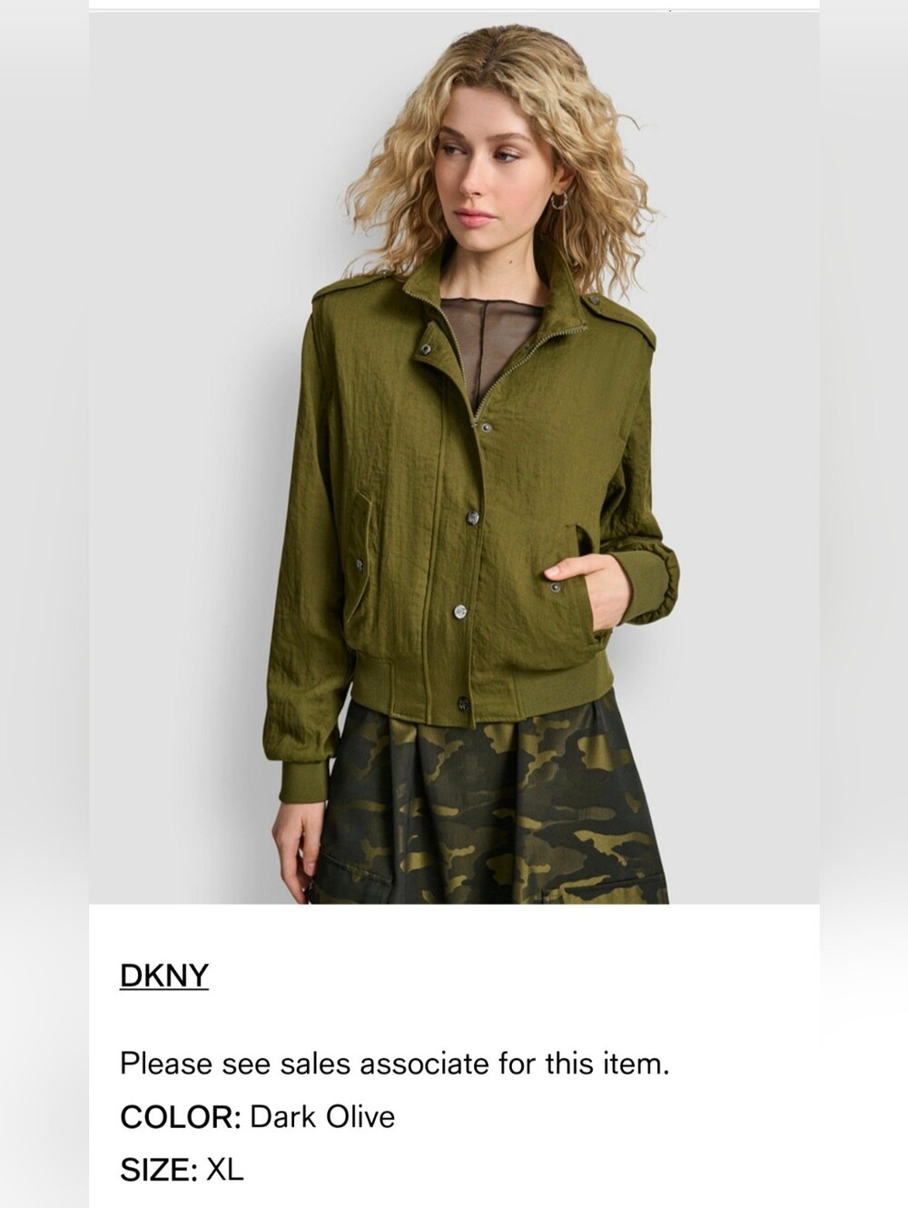 Donna Karan Olive Twill Bomber Jacket with Snap Front - Picture 6 of 6
